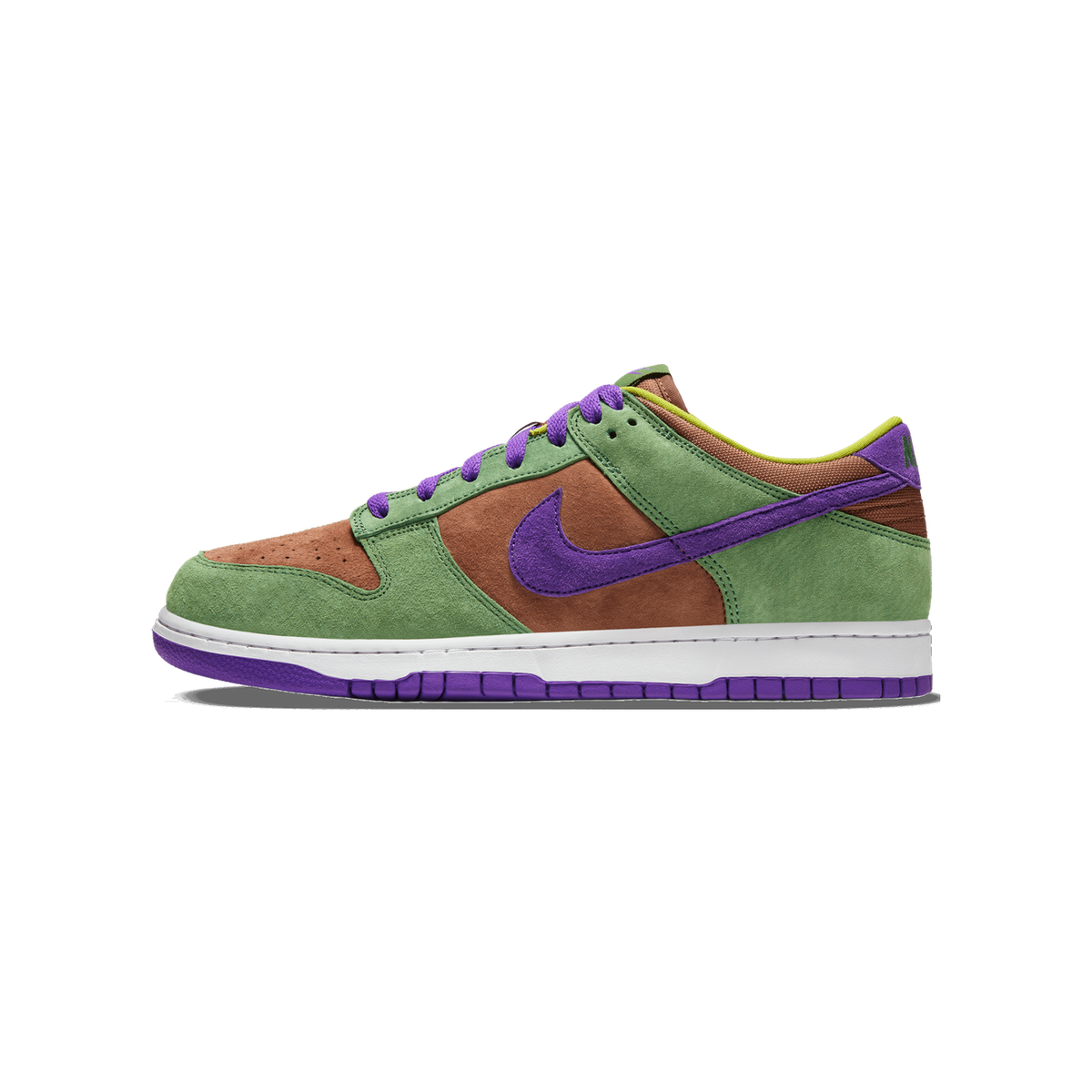 Left Nike Dunk Low sneaker in green suede with brown overlays, purple swoosh and laces, white midsole, and purple outsole, shown from the outside toe-left angle.