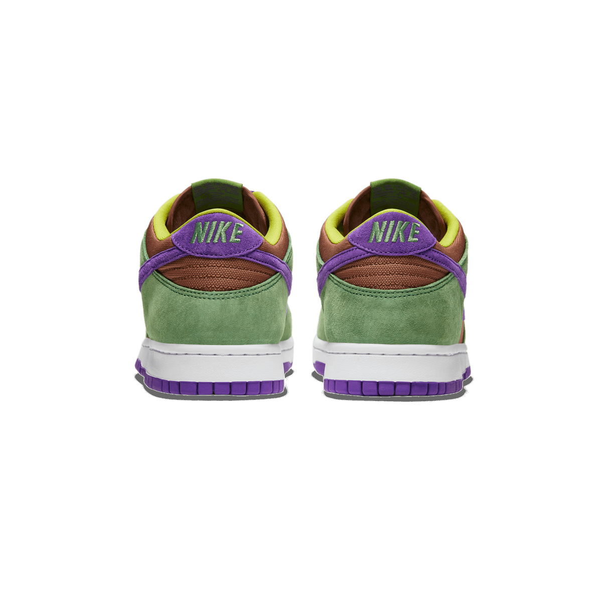 Rear view of a pair of Nike Dunk Low sneakers with green suede heels, brown textured panels, purple pull tabs and outsoles, and white midsoles.