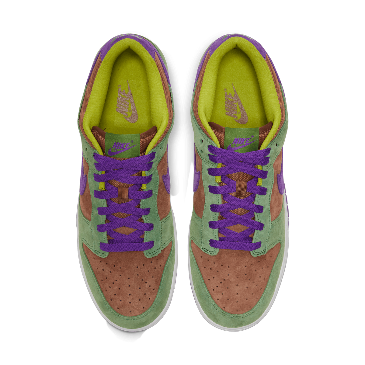 Top-down view of a pair of Nike Dunk Low sneakers in green suede, brown overlays, and purple laces and swoosh with a yellow-green interior lining