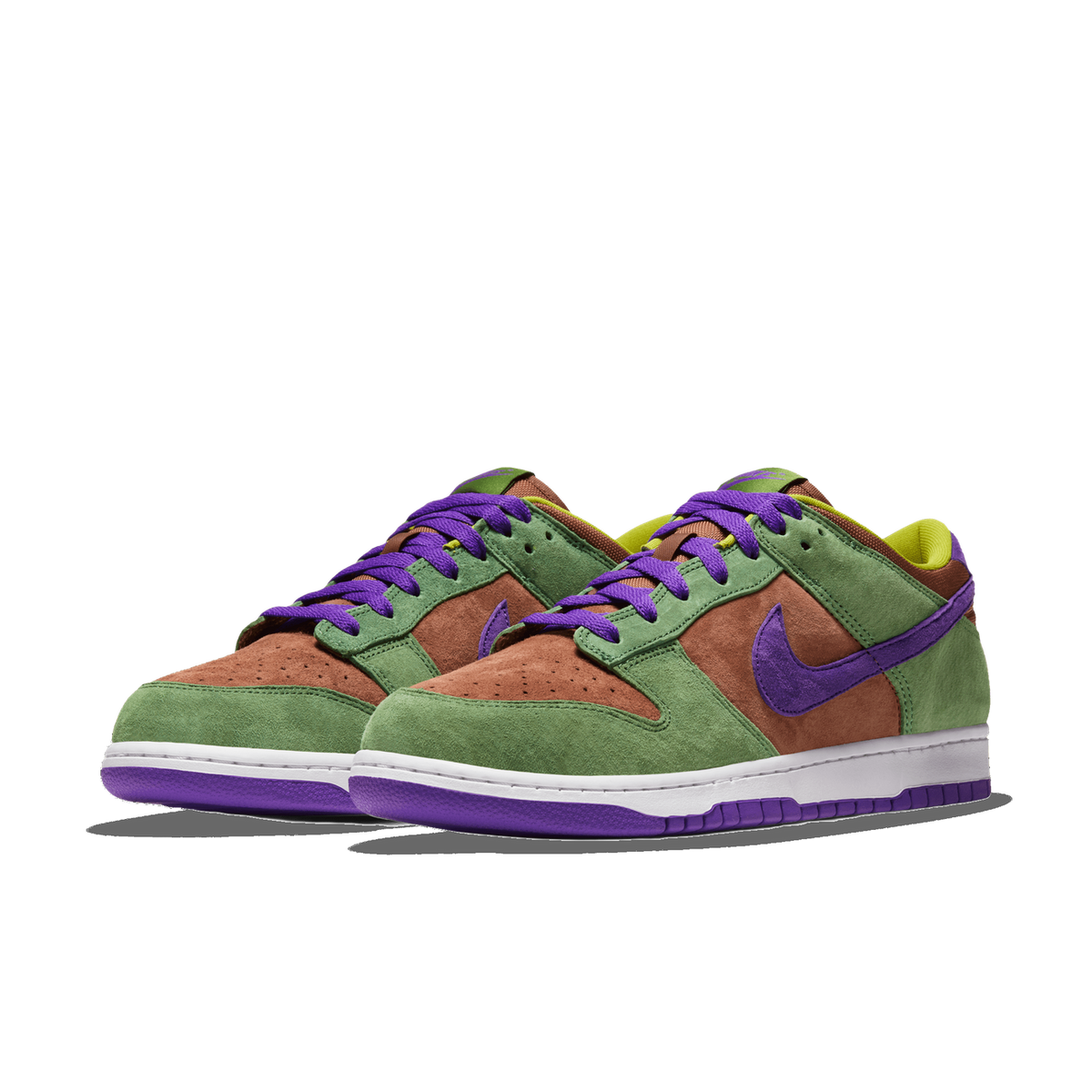 Pair of Nike Dunk Low sneakers in green and brown suede with purple laces, swoosh, and outsole, angled toward the front-left