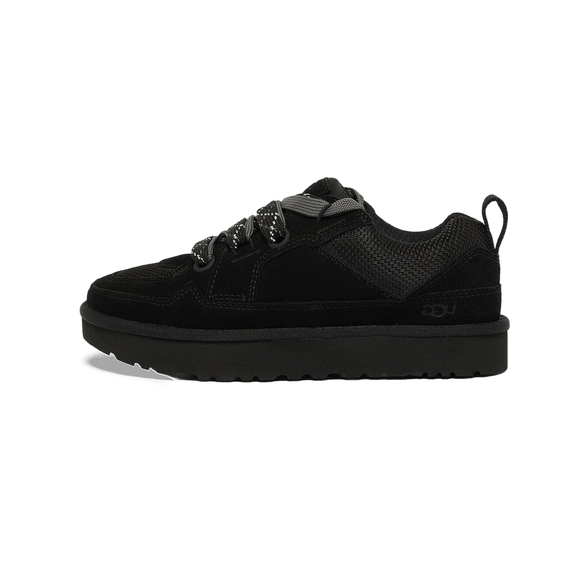 Side view of a black UGG Lowmel Lo sneaker with textured suede and mesh panels, thick chunky sole, and grey-and-white patterned laces.
