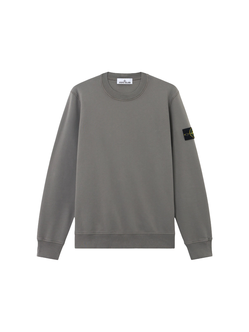 Stone Island Felpa Crewneck 'Cement' in muted grey –soft fleece cotton, relaxed oversized fit, minimalist design with subtle logo, ideal for comfortable and contemporary streetwear styles.