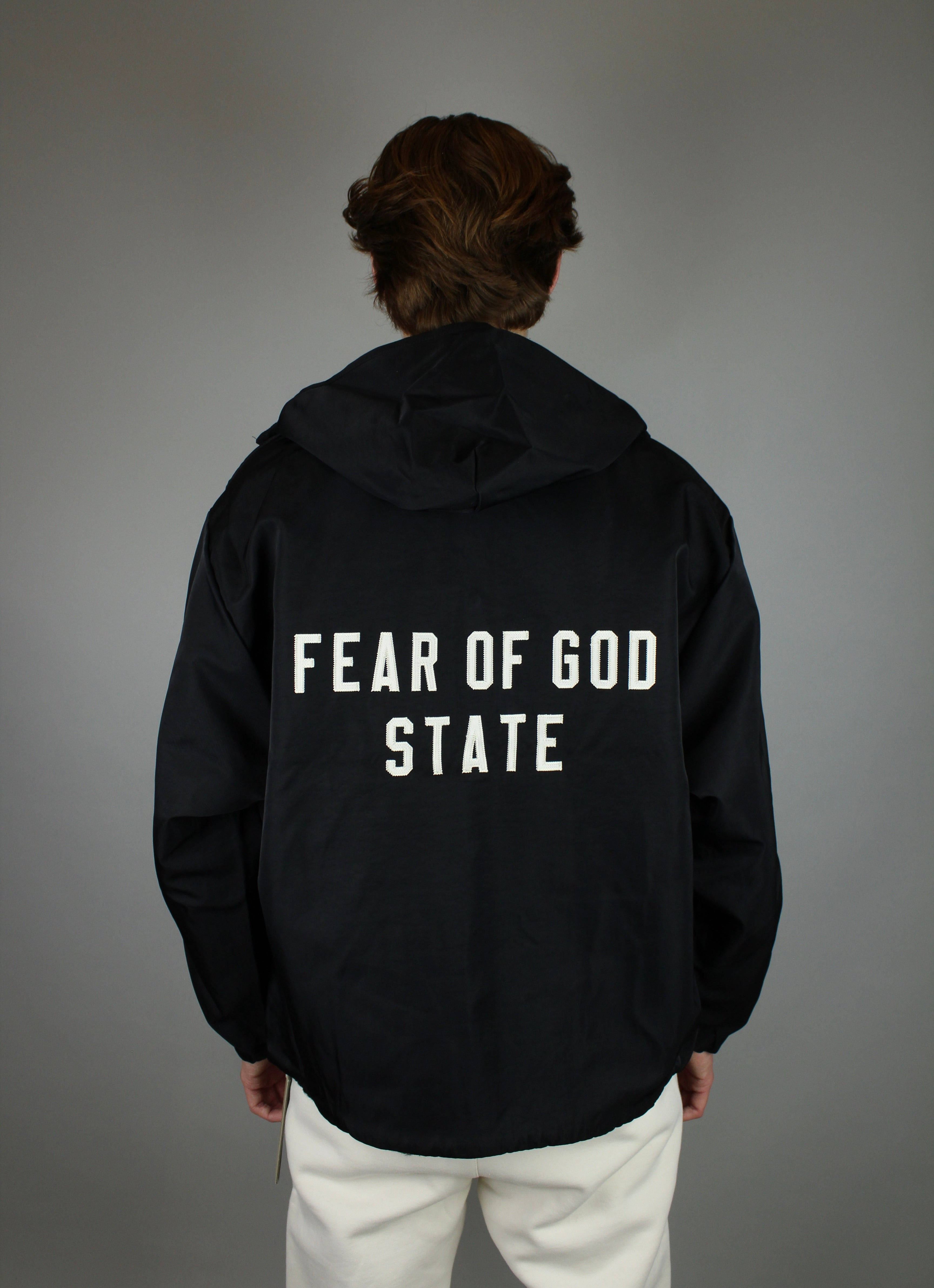Fear of God Essentials Textured Nylon Hooded Coaches Jacket 'Black'-10040113070410-The Attic