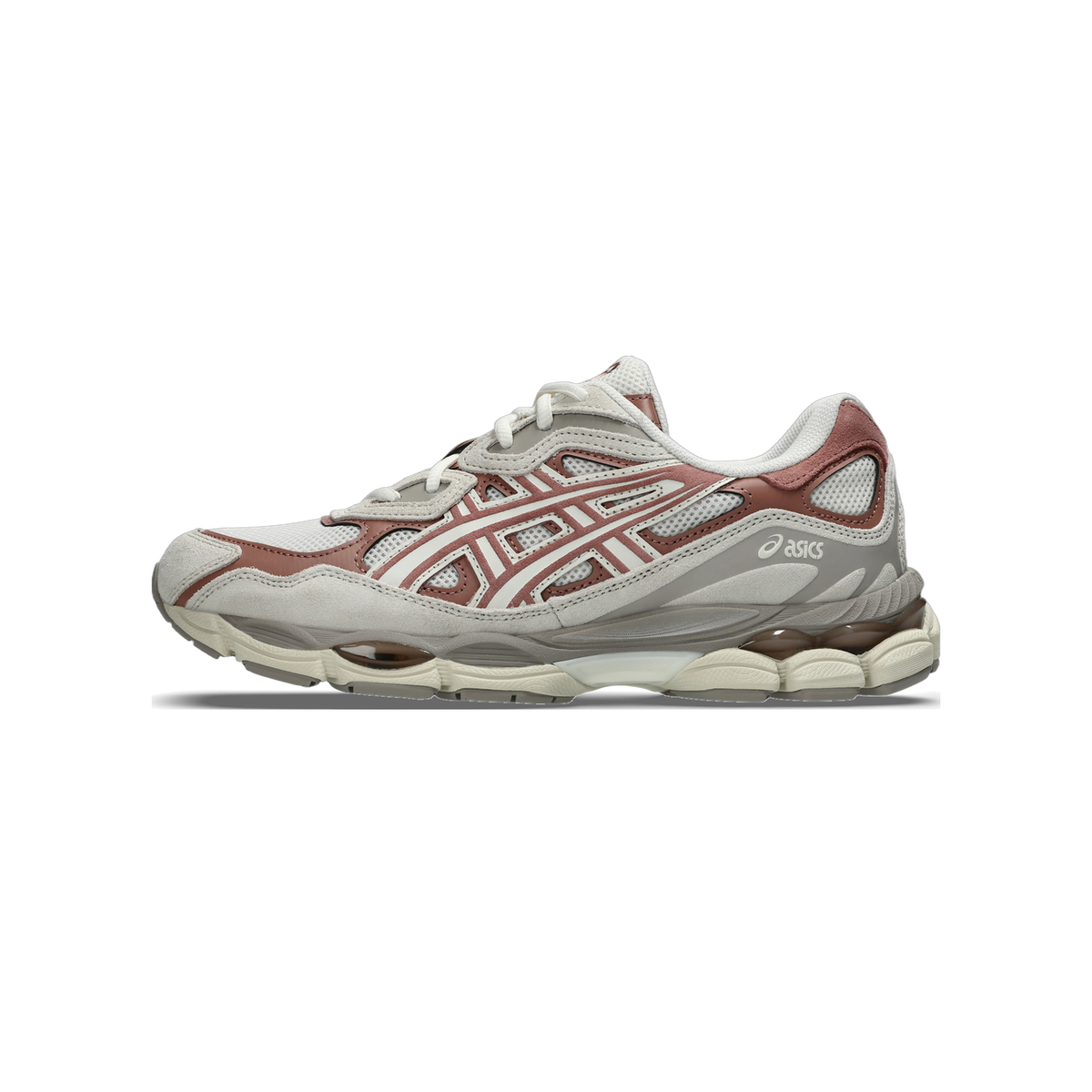 Side view of a cream and brownish-pink Asics GEL-NYC sneaker with mesh panels, suede overlays and a visible gel cushioning unit in the heel, toe pointing left