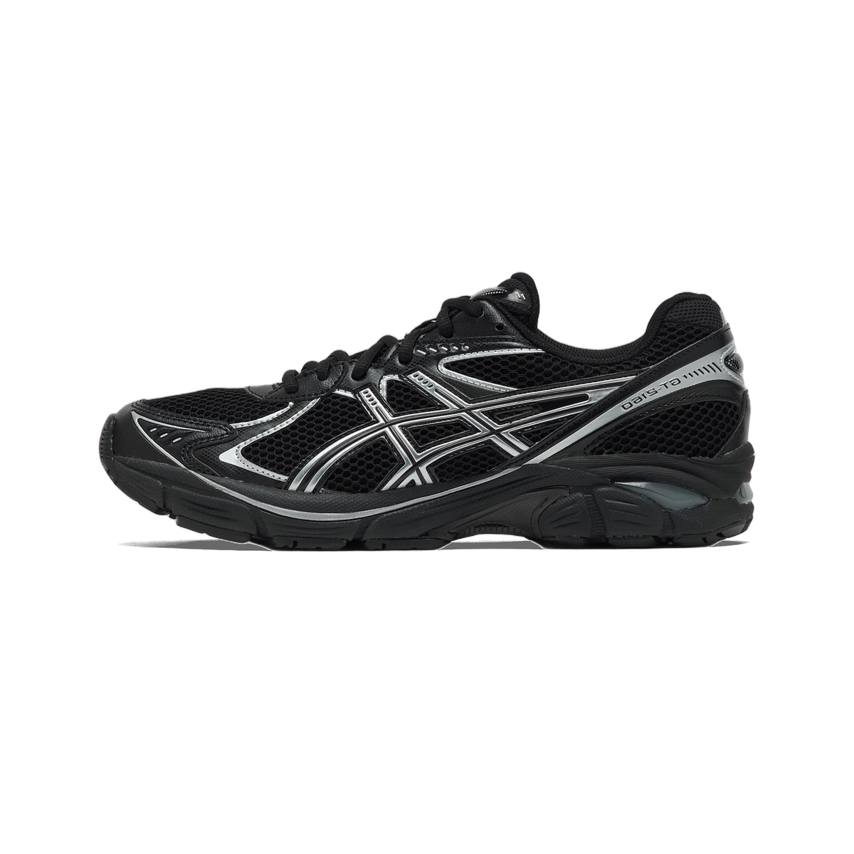 Side view of a black Asics GT-2160 running shoe with silver crisscross overlays and mesh paneling, toe pointing left