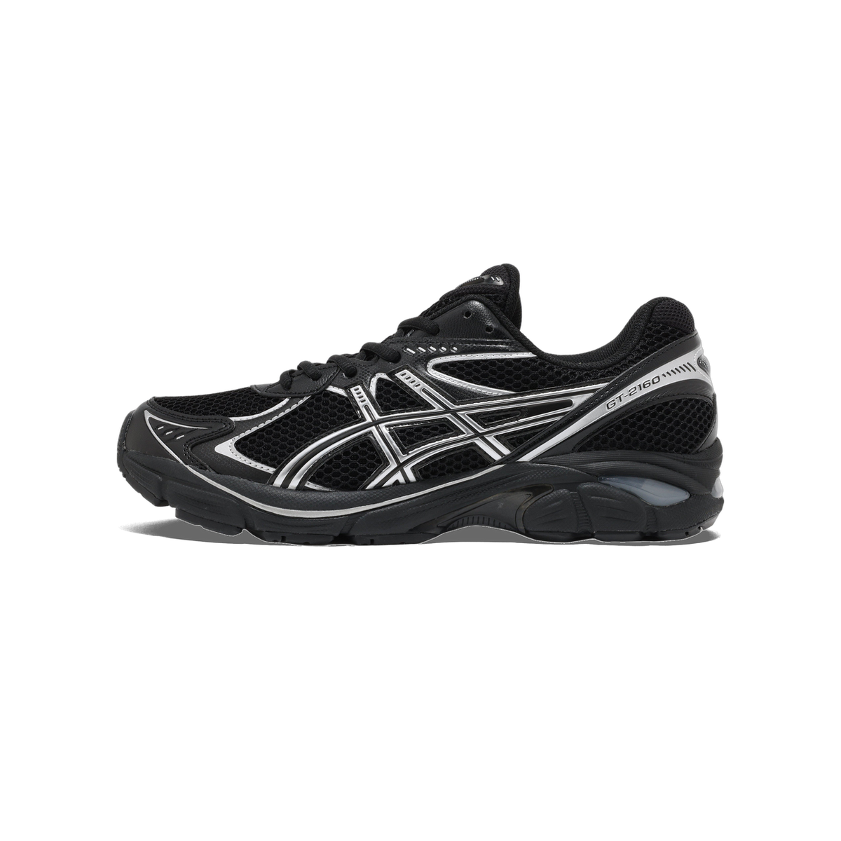 Side view of a black Asics GT-2160 running shoe with silver logo stripes and mesh upper, toe pointing left.