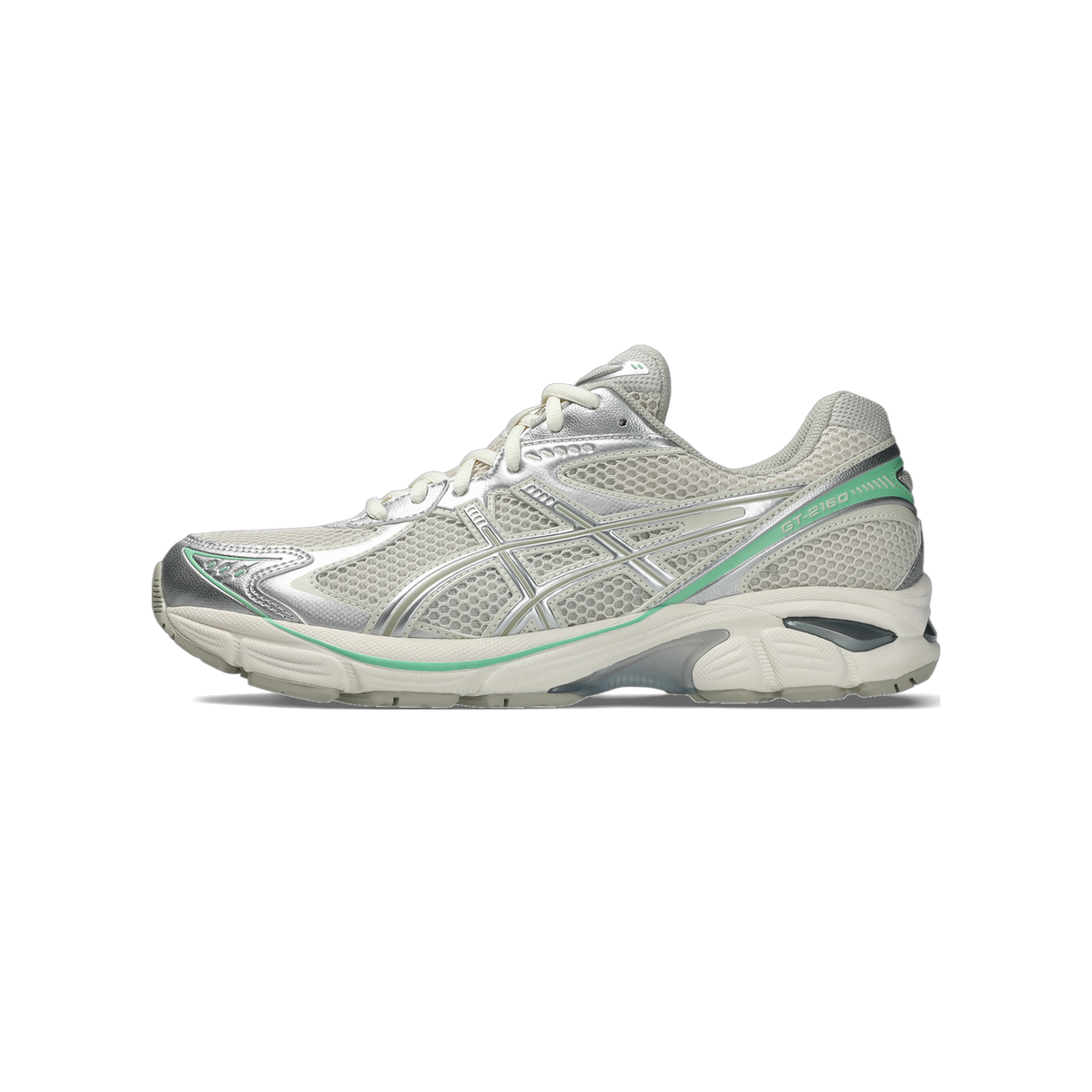 Side view of a grey and white Asics GT-2160 sneaker with silver overlays and a mint green accent stripe, toe pointing left