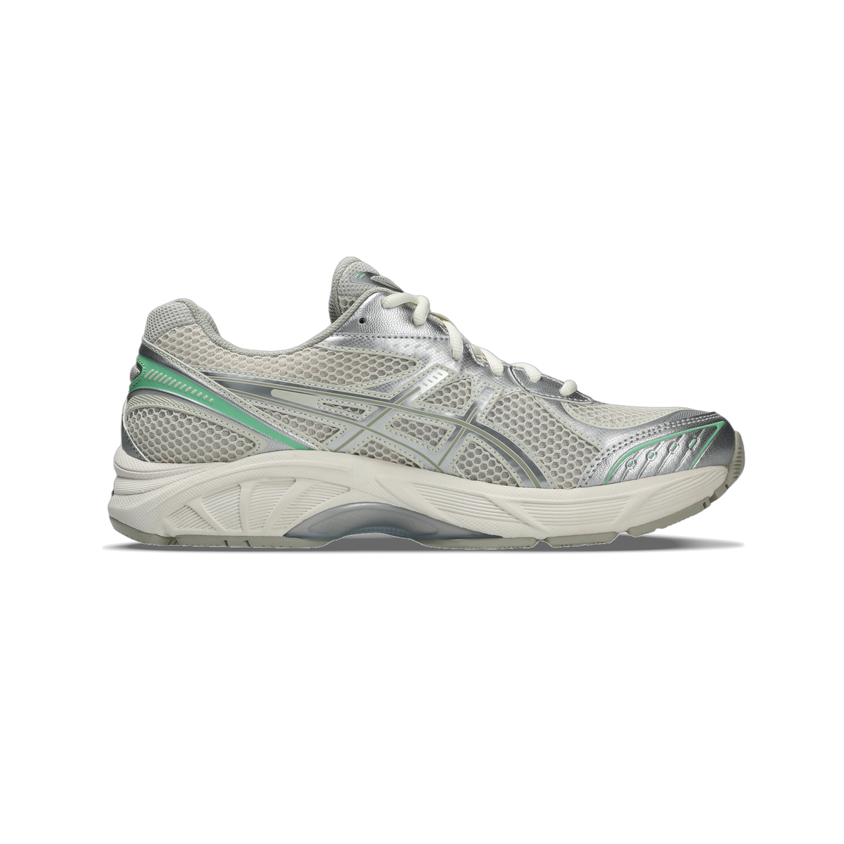Side view of a gray and silver Asics GT-2160 running shoe with mint green accents and a white sole, toe pointing left.