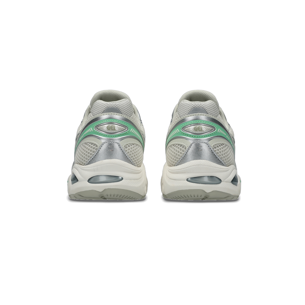 Rear view of a pair of grey Asics GT-2160 sneakers with mint green accents, silver Gel heel panels, and white soles.