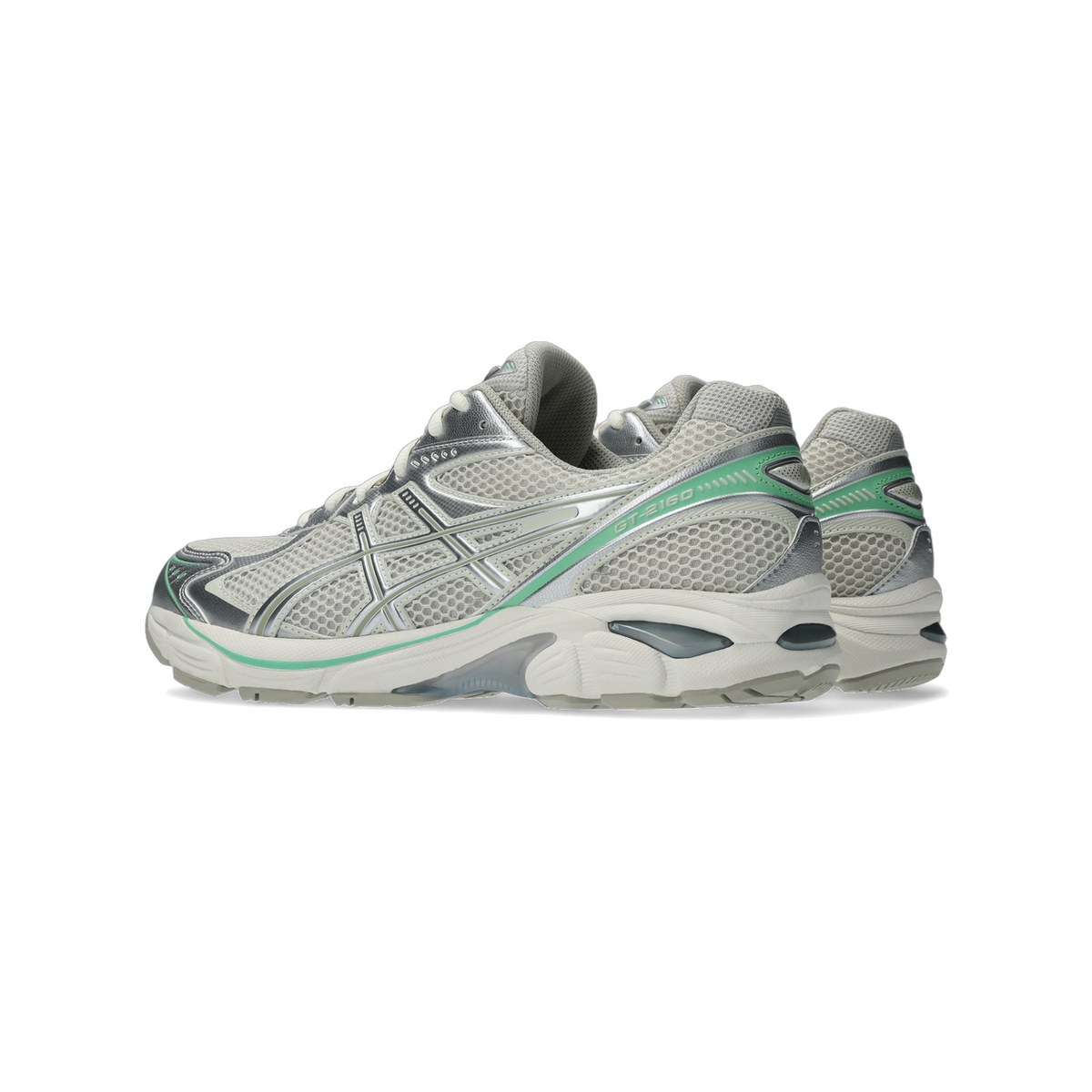 Side view of a pair of gray Asics GT-2160 running shoes with silver overlays, mesh upper, and mint green accents on the heel and midsole.