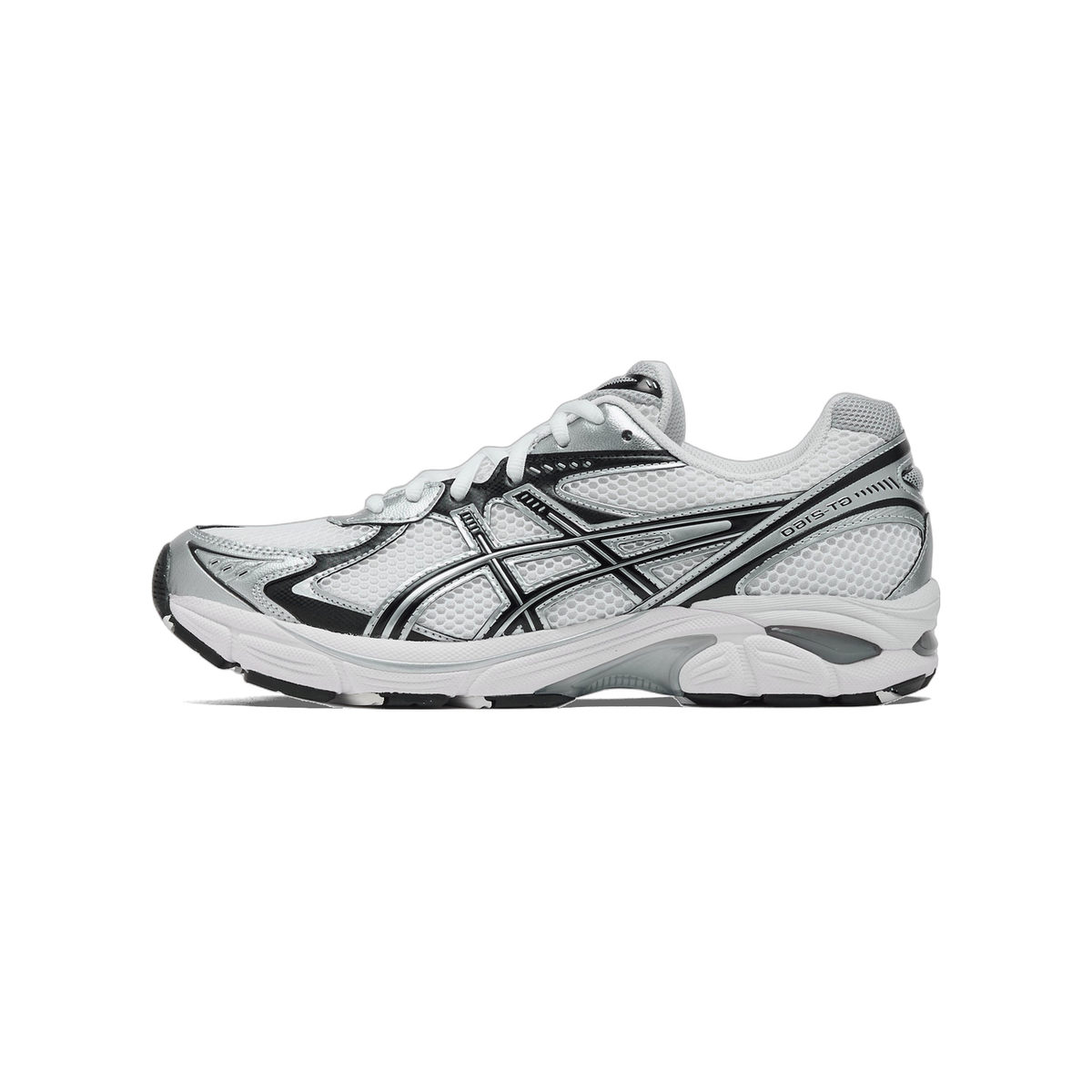 Side view of a white Asics GT-2160 running shoe with black and silver overlays and mesh upper, toe pointing left