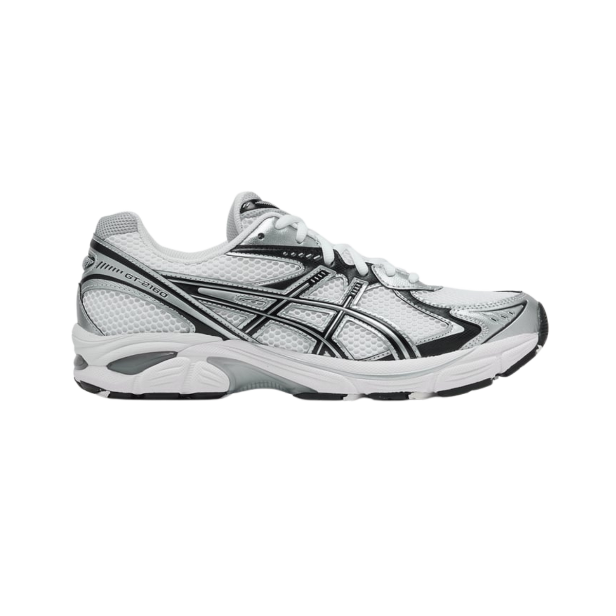 Inside view of a white ASICS GT-2160 running shoe with black and silver overlays, toe pointing right