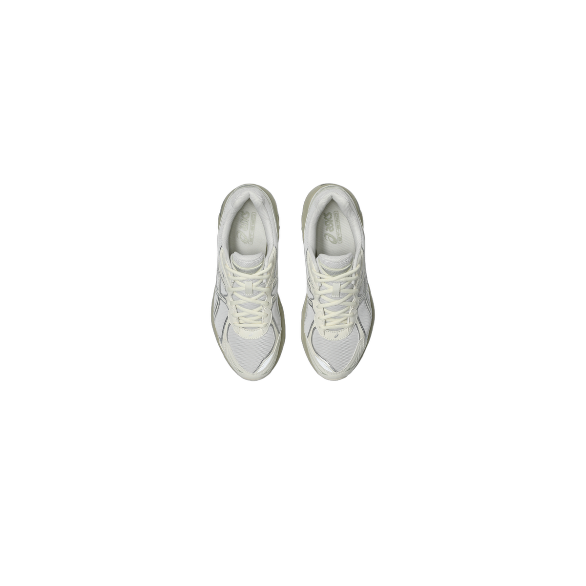 Top-down view of a pair of white and cream Asics GT-2160 sneakers with cream laces and mesh uppers, pointing upward