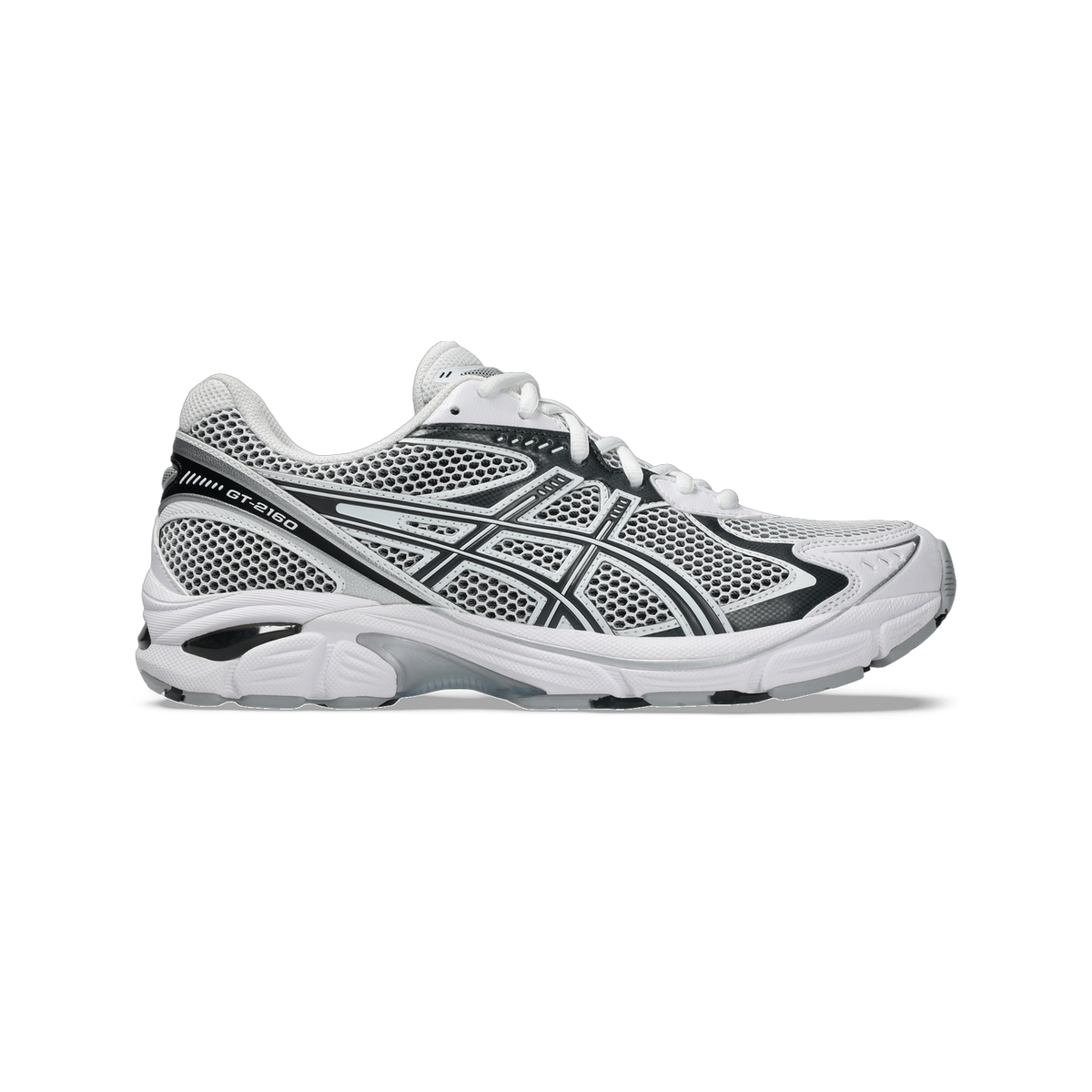 Lateral view of a white and grey Asics GT-2160 running shoe with black overlays and mesh upper