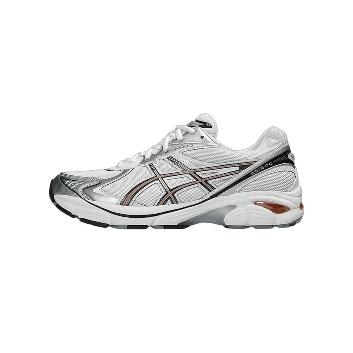 Side view of a white Asics GT-2160 running shoe with black, silver, and pink accents and a rose-colored heel panel, toe pointing left.