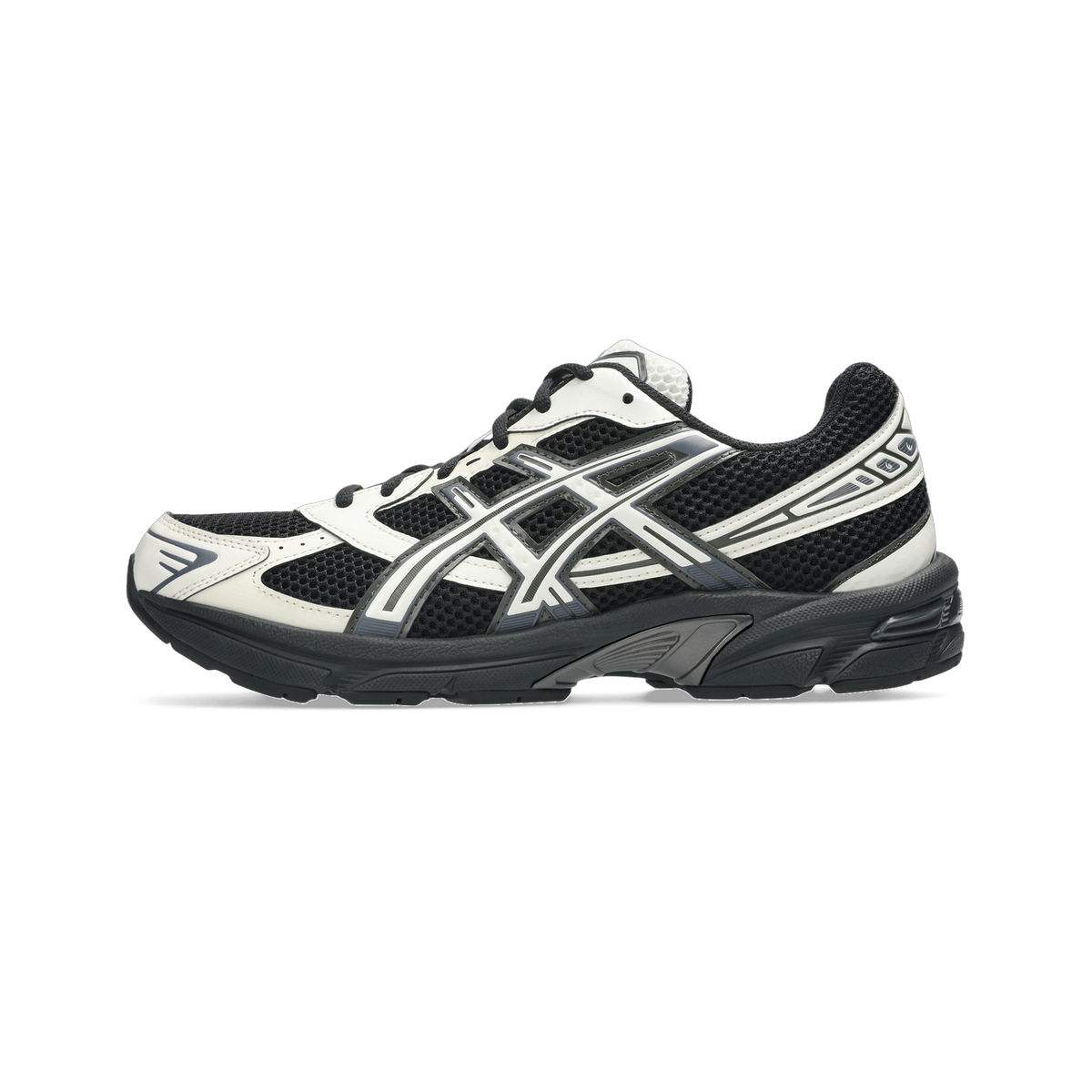 Lateral view of a black and white Asics Gel-1130 running shoe with black mesh upper, white overlays, and a thick black midsole.