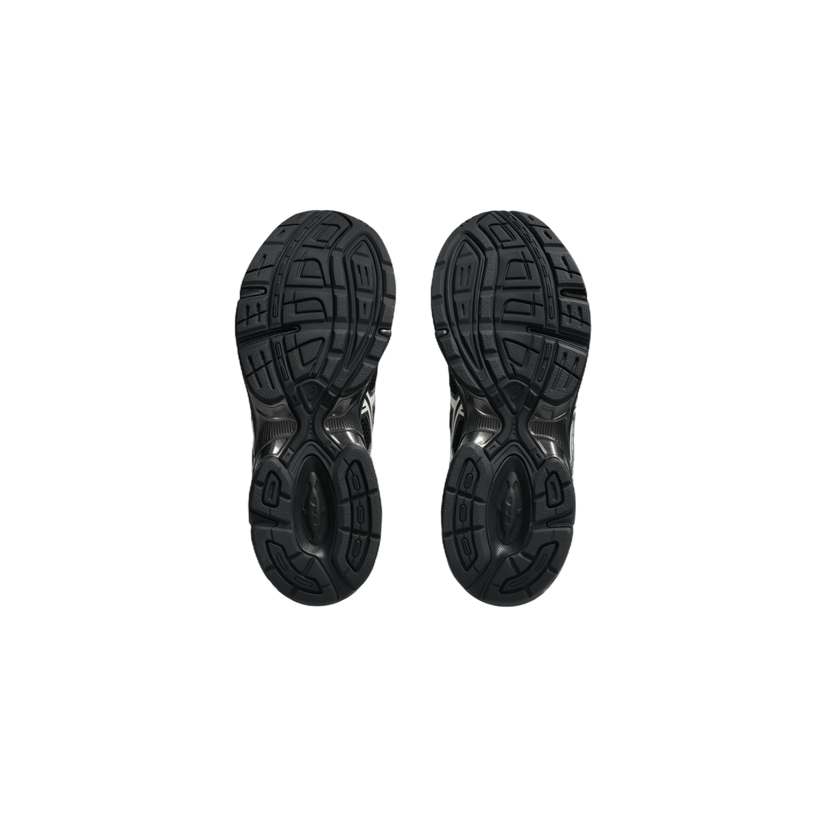 Bottom view of a pair of black Asics Gel-1130 sneakers showing the textured black outsole tread pattern.