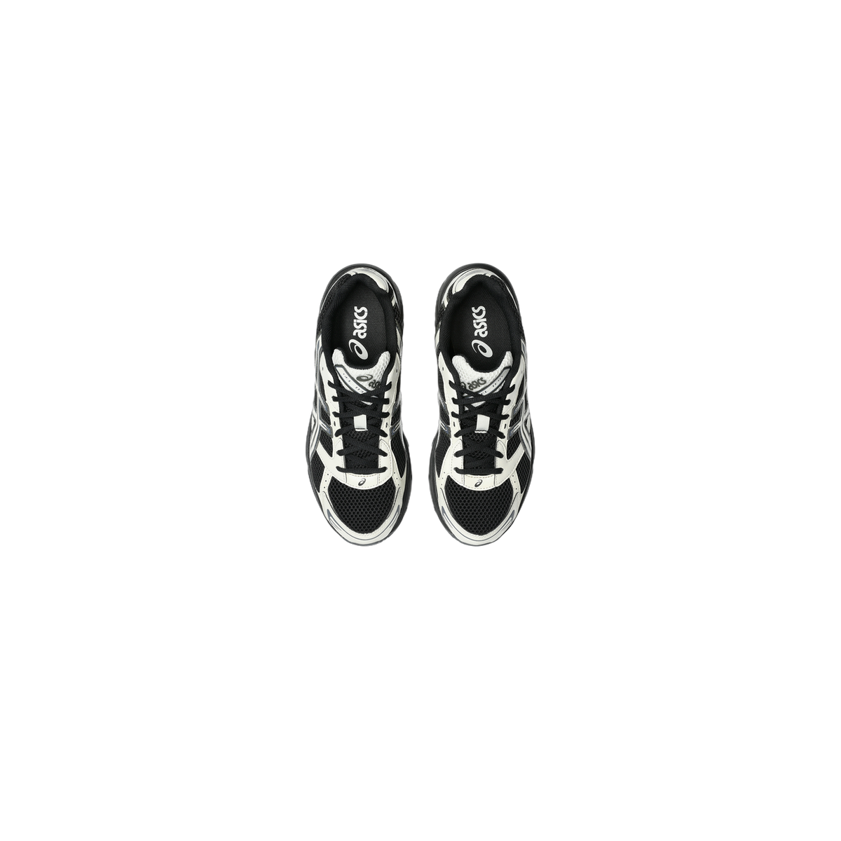Top-down view of a pair of black and white Asics Gel-1130 sneakers with black laces and Asics branding on the tongue