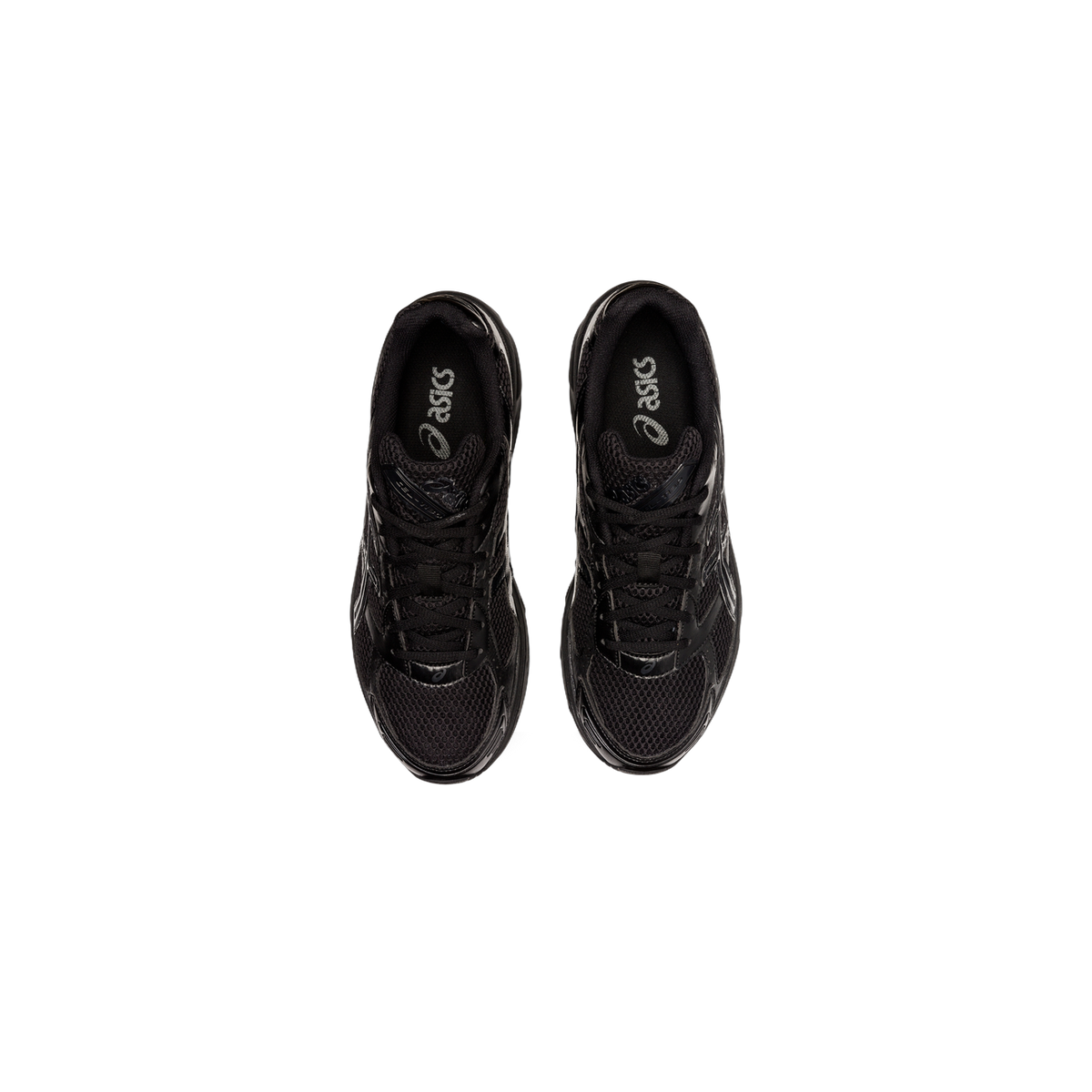 Top-down view of a pair of black Asics Gel-1130 sneakers with visible Asics branding on the tongue and insole, laid side by side on a white background.