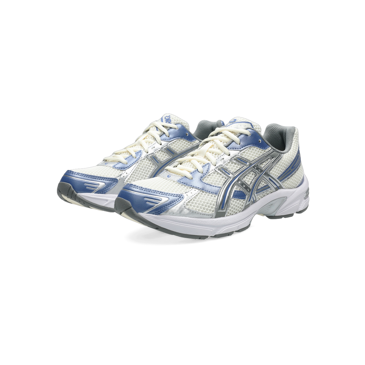 Pair of Asics Gel-1130 running shoes in cream, silver, and blue with mesh uppers and grey outsoles, shown from a front side angle.