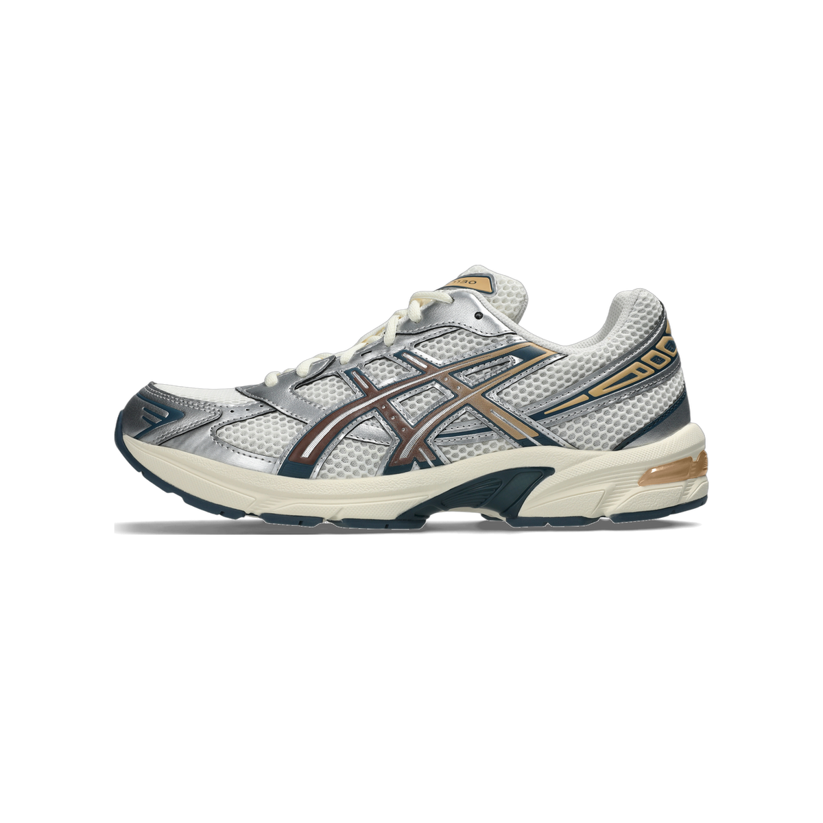 Side view of a silver and white Asics Gel-1130 sneaker with brown and navy overlays, gold accents, and cream midsole, toe pointing left.