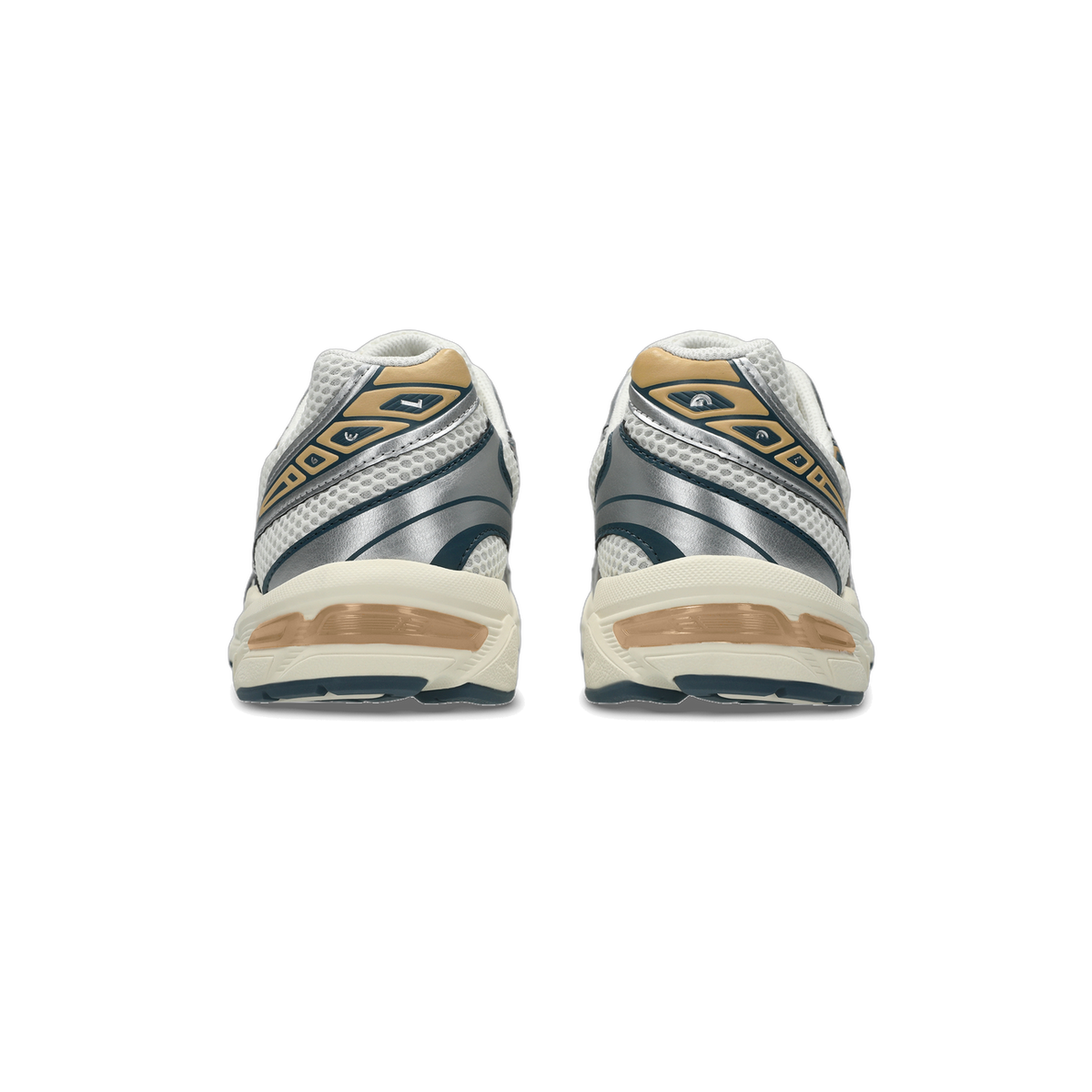 Rear view of a pair of Asics Gel-1130 sneakers in white mesh with silver, navy, and tan overlays and a visible orange gel cushioning unit in the heel.
