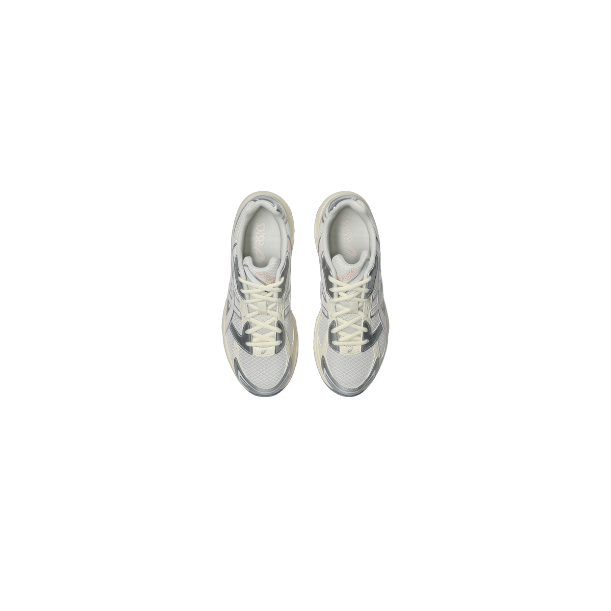 Top-down view of a pair of white and grey Asics Gel-1130 sneakers with pink logo accents and cream laces