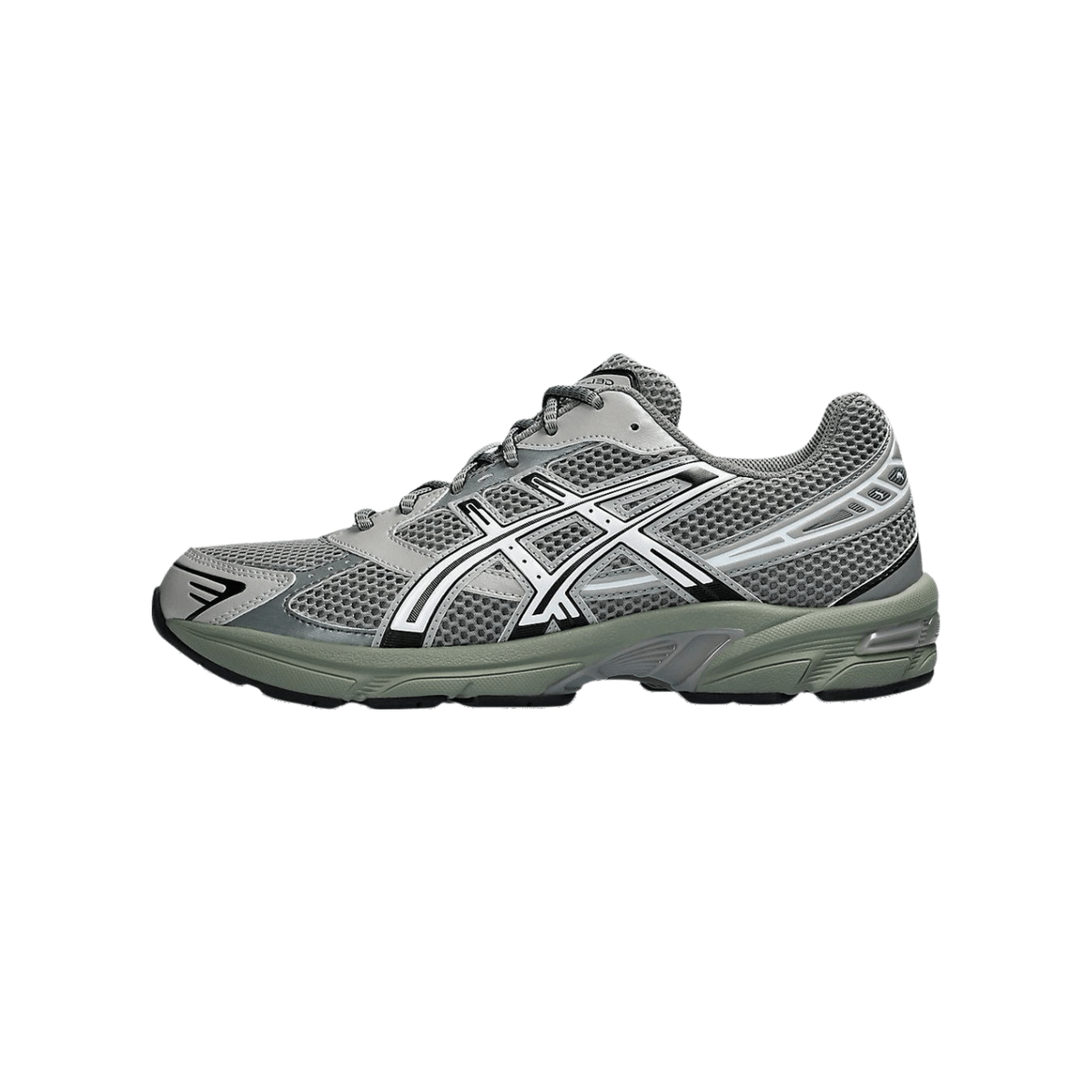Side view of a gray Asics Gel-1130 running shoe with white crisscross overlay stripes and a sage green midsole, toe pointing left.