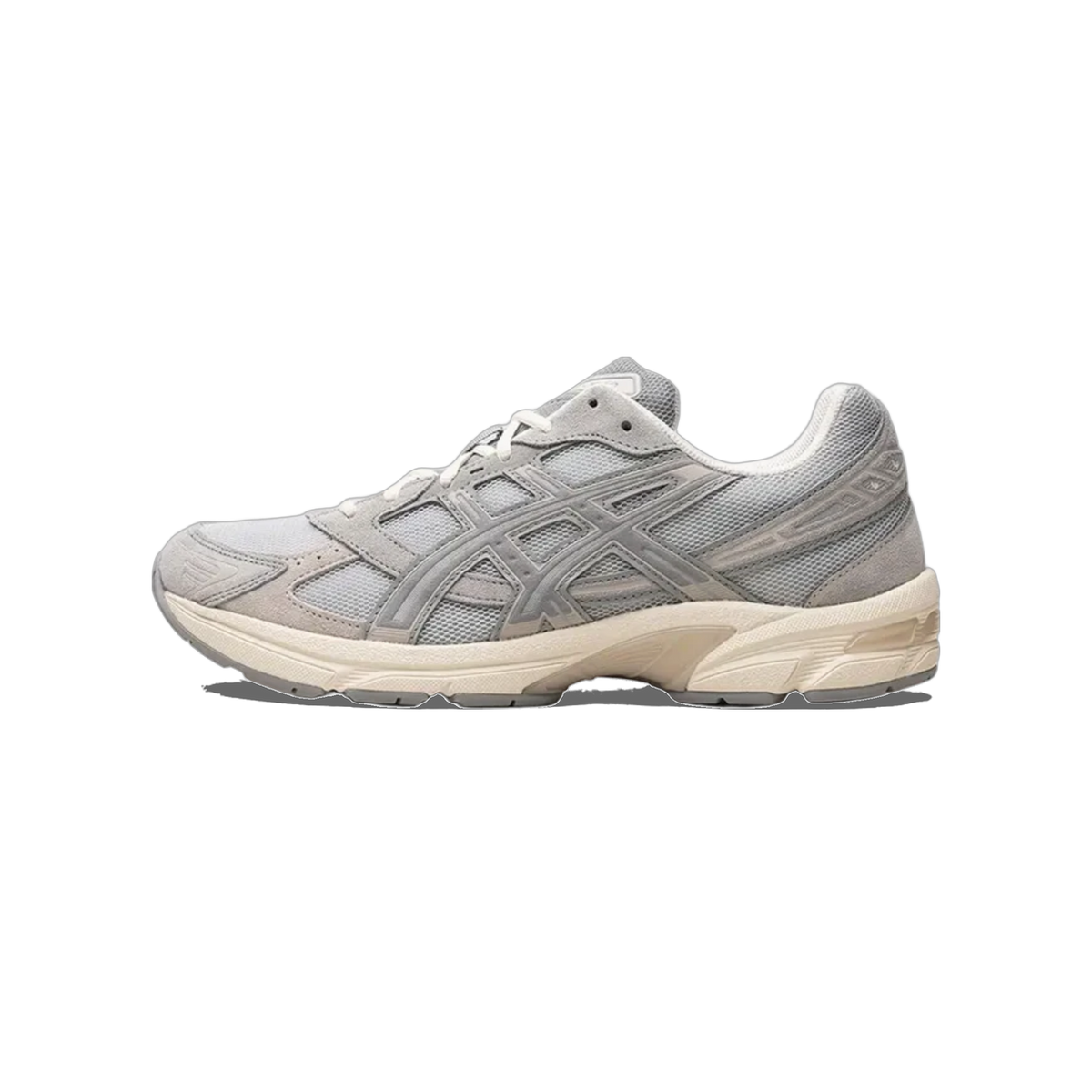 Side view of a gray Asics Gel-1130 sneaker with darker gray overlay stripes, mesh upper, cream laces, and an off-white midsole, toe pointing left.
