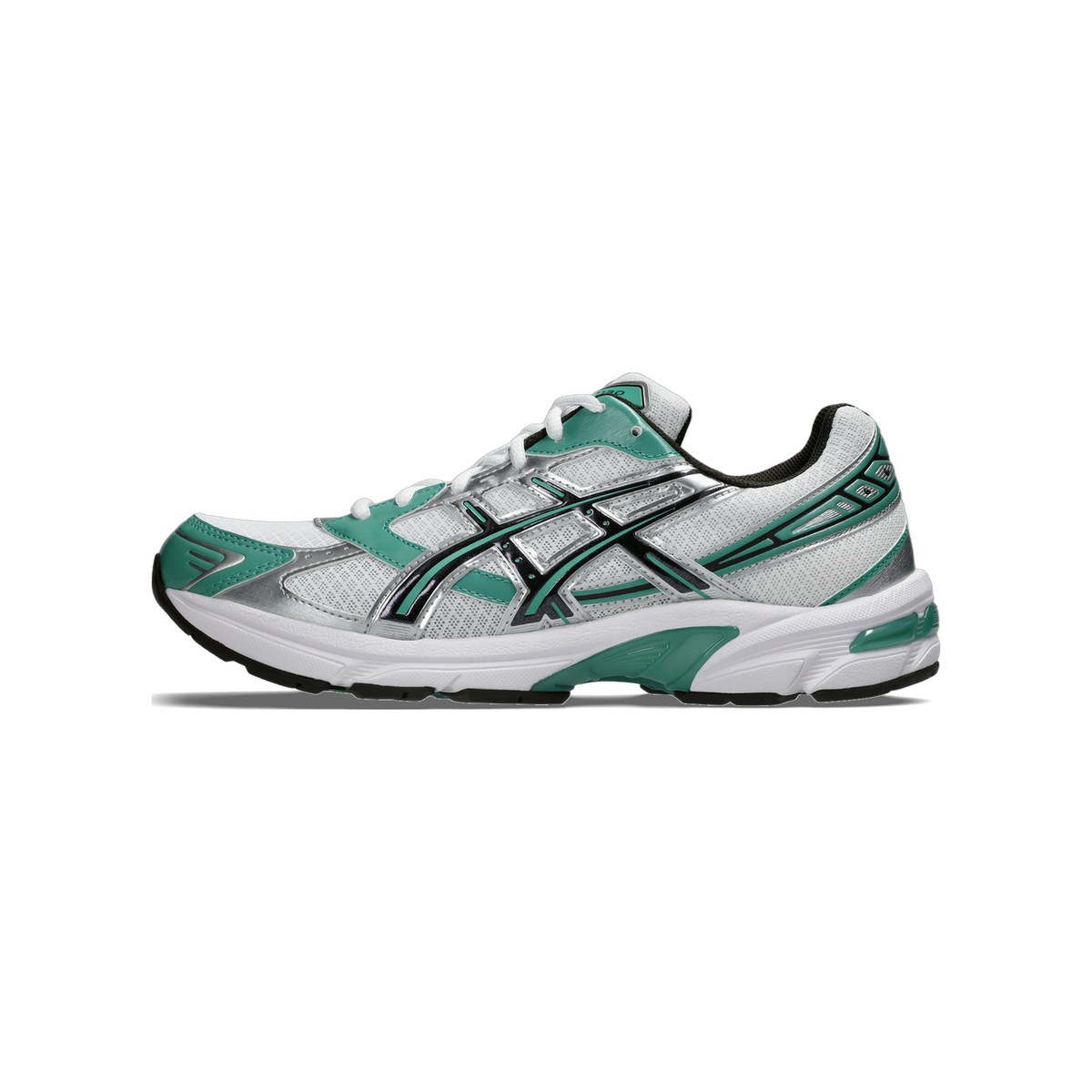 Side view of a white Asics Gel-1130 running shoe with green overlays, black accents, and silver mesh detailing, toe pointing left.