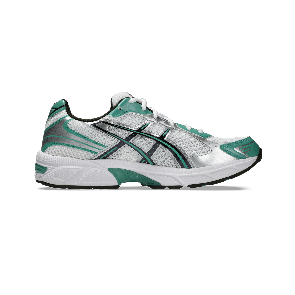 Side view of a white Asics Gel-1130 running shoe with green overlays, black GEL branding stripe, and silver mesh panels, toe pointing left.