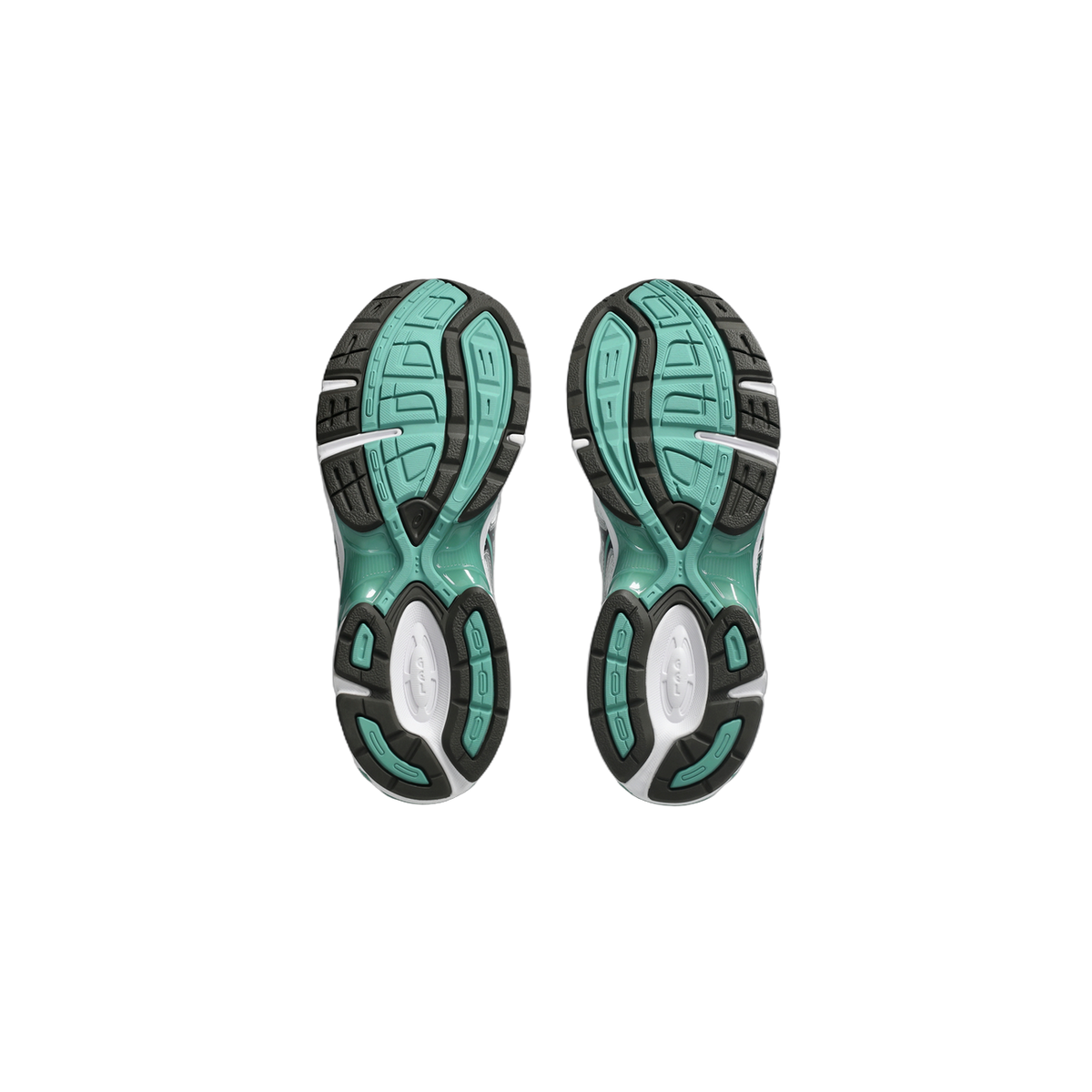 Bottom view of a pair of Asics Gel-1130 sneakers showing white, green, and black tread patterns on the outsoles
