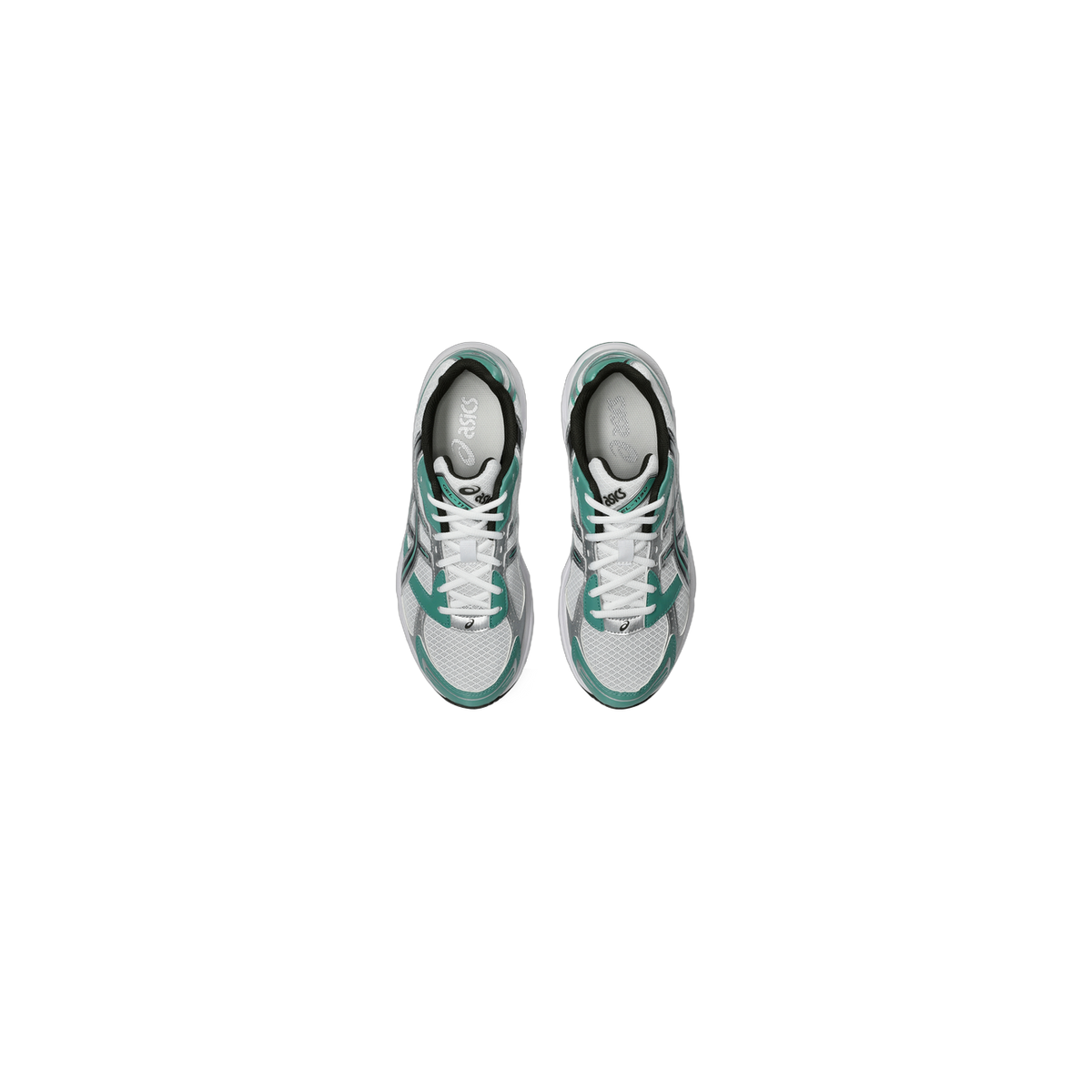 Top-down view of a pair of white and green Asics Gel-1130 sneakers with silver overlays and white laces, facing away from each other