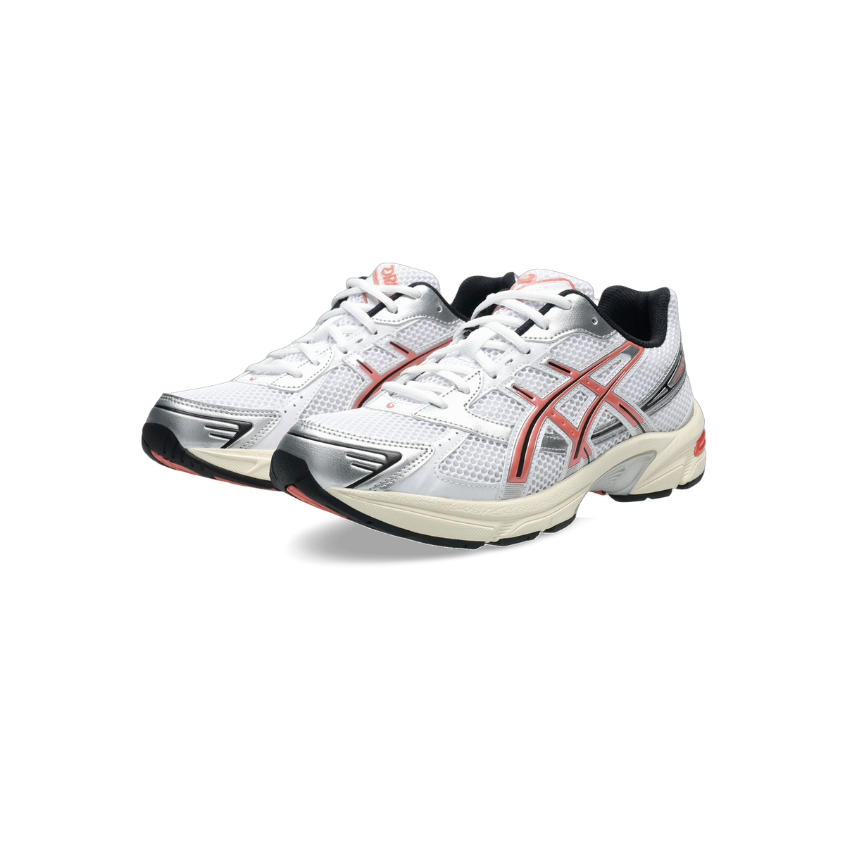 Pair of Asics Gel-1130 running shoes in white with red side stripes, silver overlays, black heel accents, and an off-white midsole, shown at an angled front view.