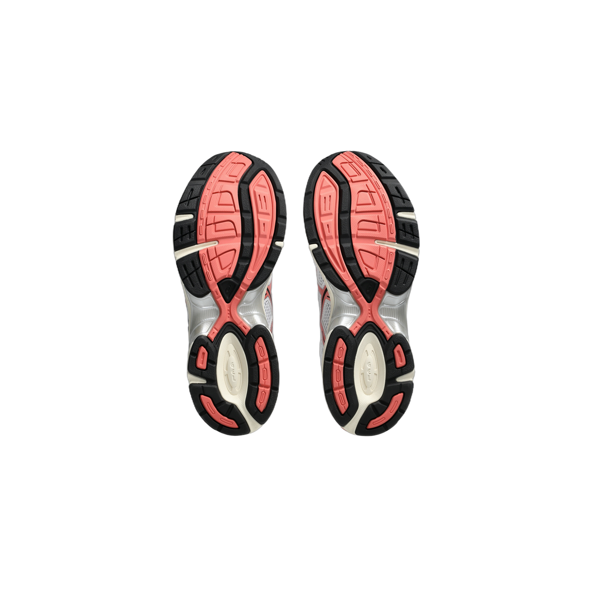 Bottom view of a pair of Asics Gel-1130 sneakers showing black, coral, and off-white patterned rubber outsoles