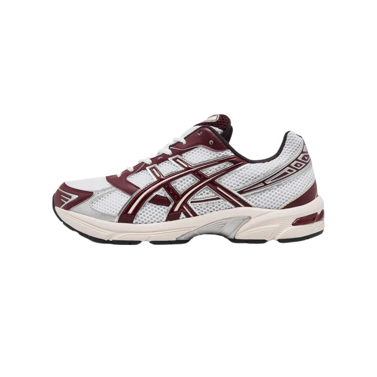 A white and maroon ASICS Gel-1130 sneaker shown from the outside in profile, toe pointing left, with a white mesh upper, maroon overlays, silver accents, and a cream midsole.