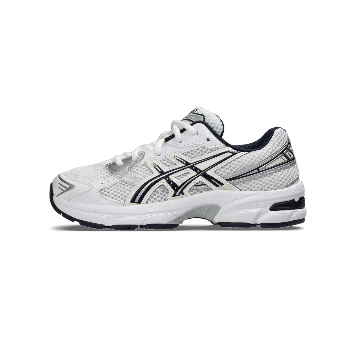 Side view of a white Asics Gel-1130 sneaker with navy GEL branding stripes, silver overlays, and a white midsole with navy accents on the outsole.