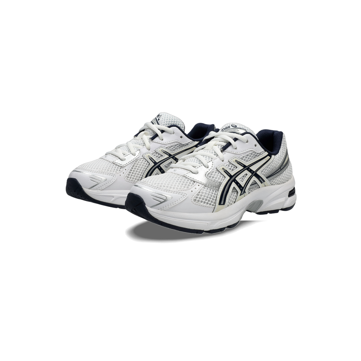 Pair of white Asics Gel-1130 sneakers with navy and silver accents, angled toward the left showing the outer side profile.