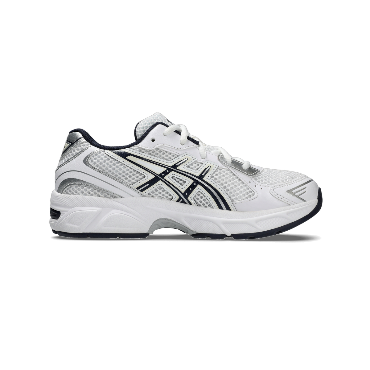 Side view of a white Asics Gel-1130 sneaker with navy crossed logo stripes and silver mesh panels, toe pointing left.
