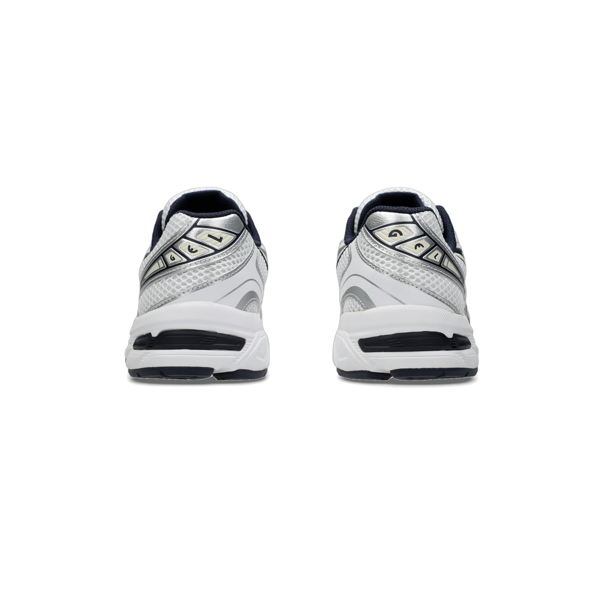 Rear view of a pair of white Asics Gel-1130 sneakers with silver heel panels, navy accents, and GEL branding on the heel tabs