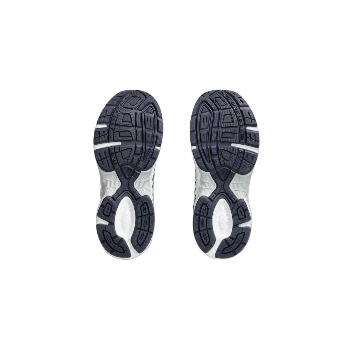 Bottom view of a pair of white ASICS Gel-1130 sneakers showing navy tread pattern on the outsoles