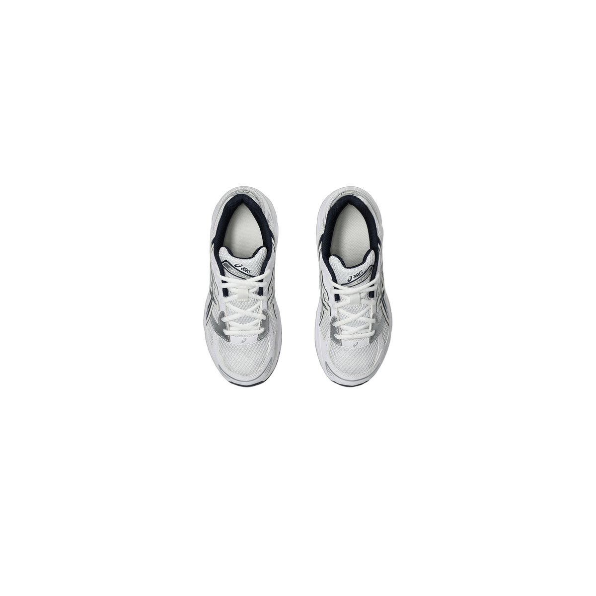 Top-down view of a pair of white Asics Gel-1130 sneakers with navy heel lining, grey mesh panels, and silver side logos, laces facing upward
