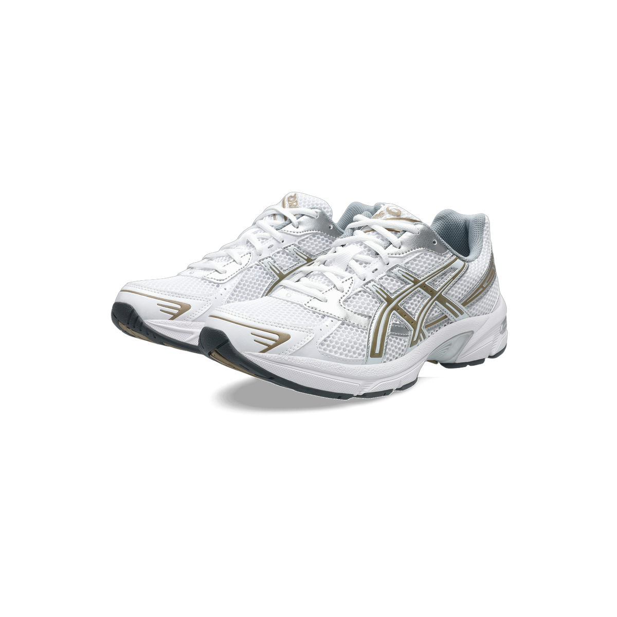 Pair of white Asics Gel-1130 sneakers with gray and gold accents on the mesh upper, shown at an angled front view.