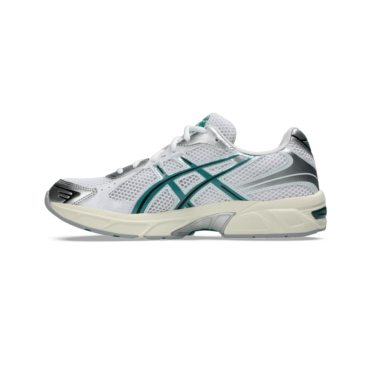 Lateral view of a white Asics Gel-1130 running shoe with teal overlays, silver accents, and an off-white midsole.
