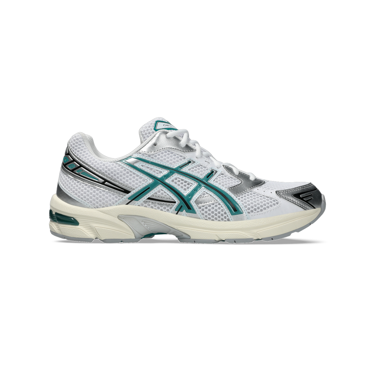 Side view of a white Asics Gel-1130 running shoe with teal overlays, silver accents, and an off-white midsole.