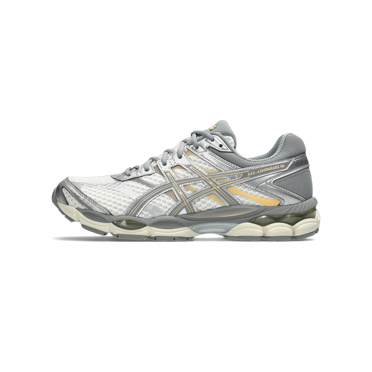 Side view of a cream and grey Asics Gel-Cumulus 16 running shoe with gold accents and a gel cushioning heel, toe pointing left