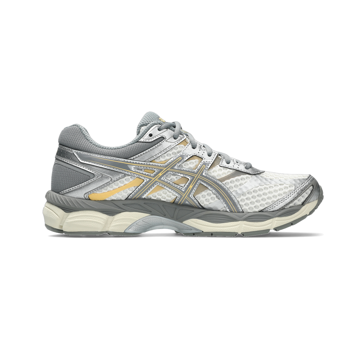 Side view of a white and gray Asics Gel-Cumulus 16 running shoe with gold accents and a cream midsole, toe pointing left