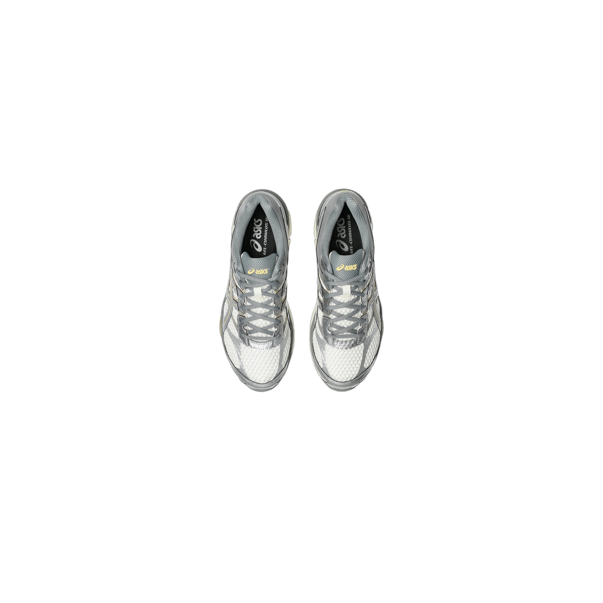 Top-down view of a pair of grey and white ASICS Gel-Cumulus 16 running shoes with gold accents and black tongue labels reading Gel-Cumulus 16