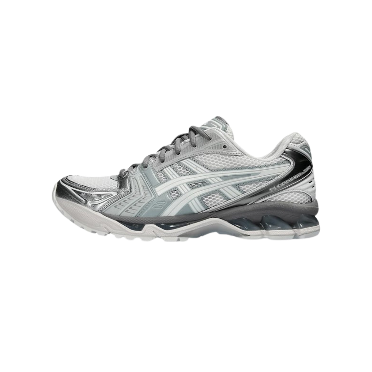 Side view of a white and silver Asics Gel-Kayano 14 sneaker with toe pointing left, featuring metallic silver overlays and a gel cushioning unit in the heel