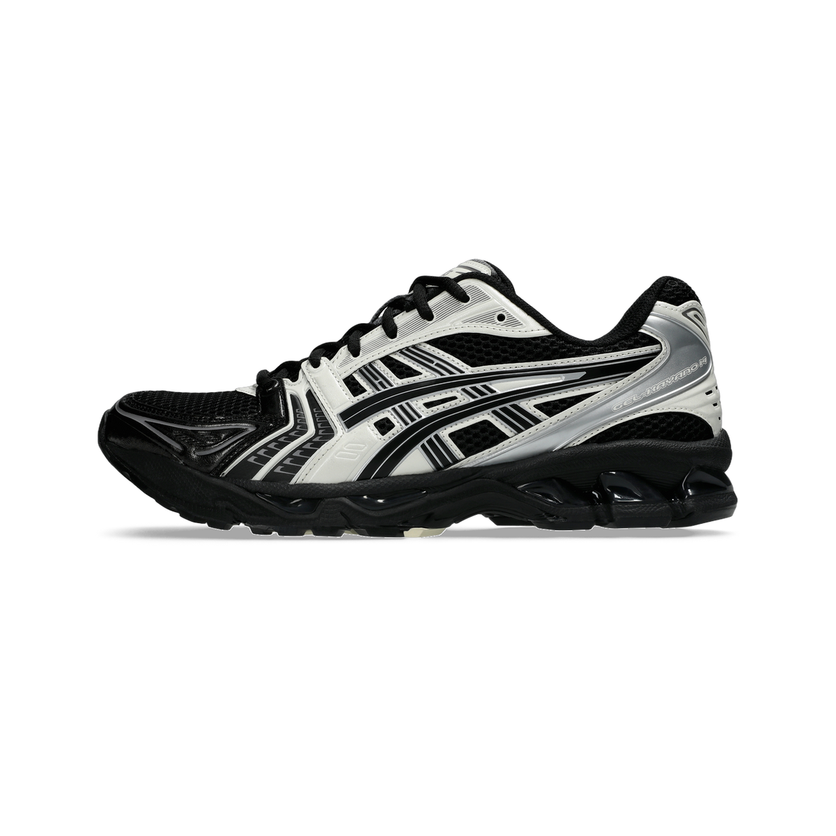 Lateral view of a black and cream Asics Gel-Kayano 14 sneaker with mesh upper, layered overlays, and chunky black midsole.